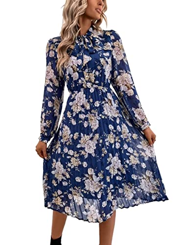 HAOKEKE Women Print Dress Long Sleeves Chiffon Dress Retro Pleated Buttons Down Bow Tie Fairy Lady Dress Ink Blue Flower Print US 12-14
