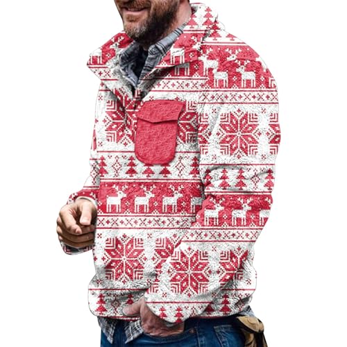 Mens Christmas Western Jacket Casual 1/4 Zip Stand Collar Fleece Sweater Big & Tall Fitted Sweatshirt White