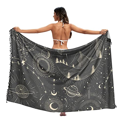Vintage Moonlight Zodiac Signs Womens Sarong Beach Wrap Clip Swimsuit Cover Ups Sheer Bikini Skirt with Tassels