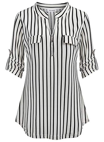 Ninedaily Striped Shirt Women 2024, Long Sleeve Blouse for Women,Plus Size Loose Fit Office Tops Split V Neck Mandarin Collar Zipper up Curved Hem Fall Clothing Black White Stripes XX-Large