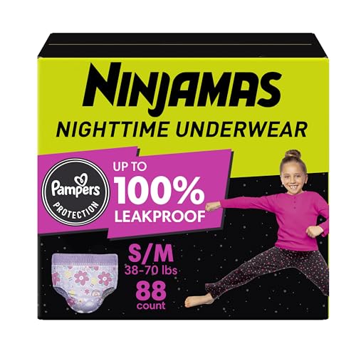 Pampers Ninjamas Nighttime Bedwetting Underwear Girls - Size S/M (38-70 lbs), 88 Count (Packaging May Vary)