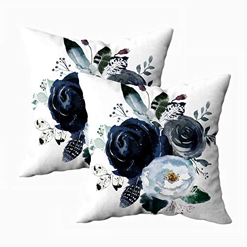 HerysTa Blue Pillow Covers Set of 2 18X18 Inch Teal Pillow Covers Boho Floral Roses Flower Navy Pillow Covers Watercolor Décor for Sofa