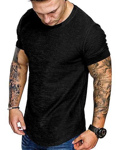 Fashion Mens T Shirt Muscle Gym Workout Athletic Shirt Cotton Tee Shirt Top Black