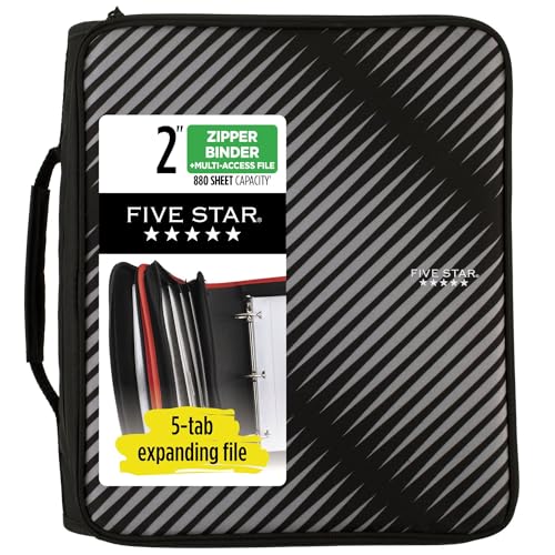 Five Star Zipper Binder, 2 Inch 3-Ring Binder for School, 6 Pocket Expanding File, 380 Sheet Capacity, Black (72536)