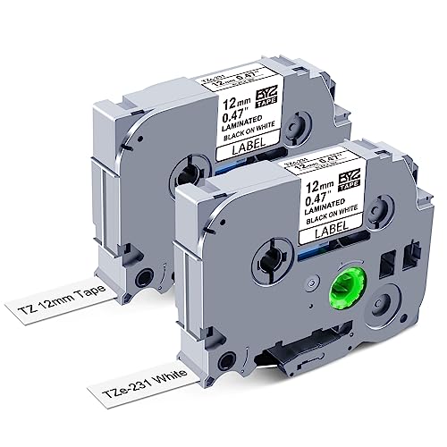 2Pack TZ Tape 12mm 0.47 Laminated White Tape Compatible for Brother P Touch TZe-231 TZe231 Label Maker Tape for Brother PTouch PTH110 PTD210 PTD220 PTD600, 26.2Ft(8m)