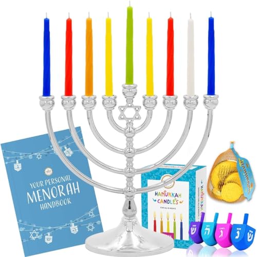 Complete Hanukah Menorah Set - 1 Full Size 7' Menorah, 45 Multicolored Candles, 4 Multicolored Painted Wood Dreidels, 4 Chocolate Belgian Coins Gelt, 4 Full Color Page Comprehensive Chanukah Guide