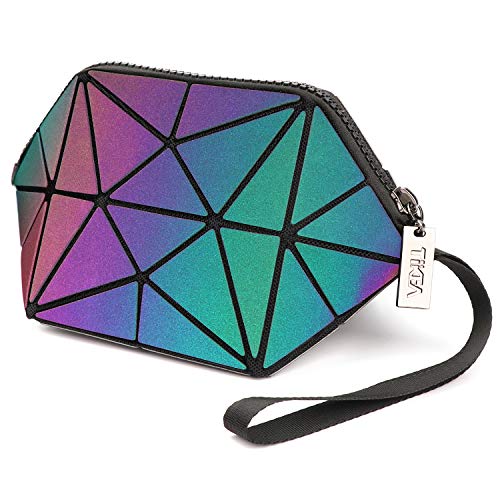Tikea Makeup Pouch - Small Cosmetic Bag Travel Geometric Luminous Clutch Lattice Reflective Toiletry Beauty Bag Cosmetic Wristlets