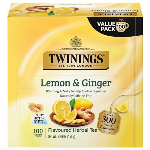 Twinings Lemon & Ginger Herbal Tea, 100 Individually Wrapped Tea Bags, Tangy Lemon, Spicy Ginger, Naturally Caffeine Free, Enjoy Hot or Iced