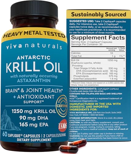 Viva Naturals Antarctic Krill Oil Omega 3 Fatty Acid Supplements 1250 mg, High EPA DHA & Astaxanthin Concentration for Brain, Joint Health & Antioxidant Support, No Fish Burps, 60 Count