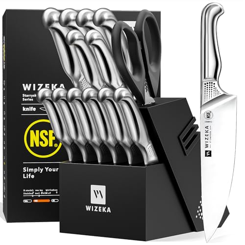WIZEKA Kitchen Knife Set with Block,15pcs German Steel 1.4116 Knife Block Set, NSF Certified Knife Set, Professinal Chef Knife Set with Built-in Sharpener,Christmas Gift