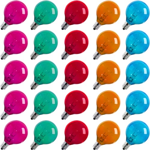Brightown Multicolor G40 Christmas Replacement Light Bulbs, UL Listed 5 Watt E12 C7 Candelabra Base Glass Bulbs with Colorful Coating, Easily Screw in Strings Spools Strands, 25 Pack