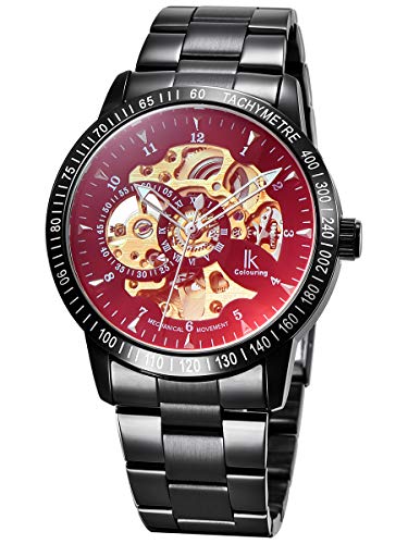 Alienwork IK Automatic Watch Men Women Skeleton Glass Bottom, Red Iris Glass/Black/Gold Movement/Metal Band Black, Bracelet