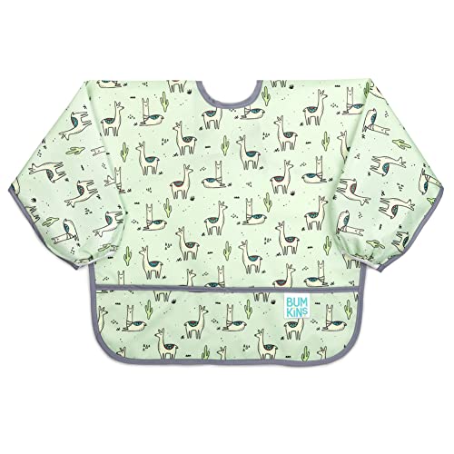 Bumkins Sleeved Bib for Girl or Boy, Baby and Toddler for 6-24 Mos, Essential Must Have for Eating, Feeding, Baby Led Weaning Supplies, Long Sleeve Mess Saving Food Catcher, Soft Fabric, Llama Green