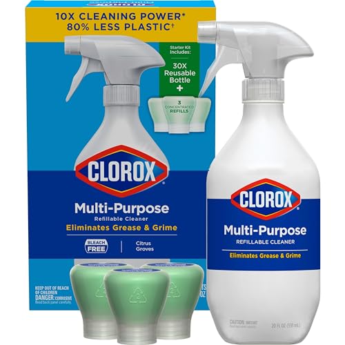 Clorox Multi-Purpose Cleaning Spray System Starter Kit, 1 All-Purpose Cleaner, 1 Spray Bottle and 3 Refills, Citrus Groves, 1.13 oz Each