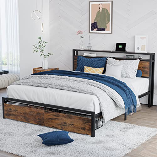 LIKIMIO Full Size Bed Frame with Storage Drawers, Platform Bed with Headboard and Charging Station, No Box Spring Needed, Easy Assembly, Vintage Brown