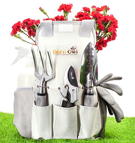 Barn Owl Stainless Steel Garden Tools 9 Piece Gardening Tools I Tools Sets with Heavy Duty Shear Non Slip Handle and Storage Tote Bag - Garden Gift for Gardeners T Shirt (Cotton, Medium) Black