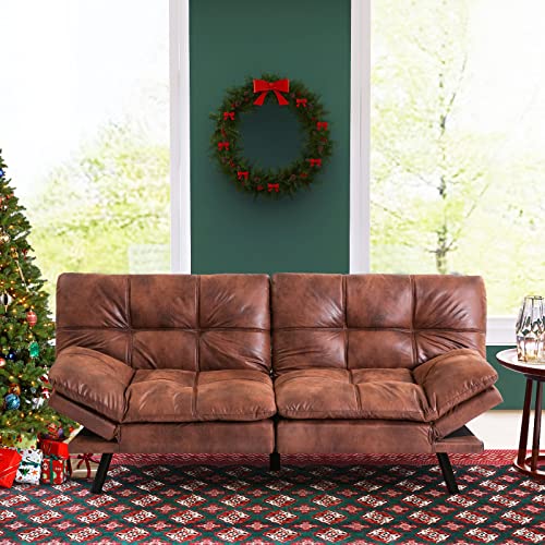 Vyfipt Futon Bed/Couch,Brown Faux Leather Memory Foam Small Splitback Convert Backrests&Armrests,Easy to Clean,Cushion Thicker Version Sofas, 71x33x31.5IN
