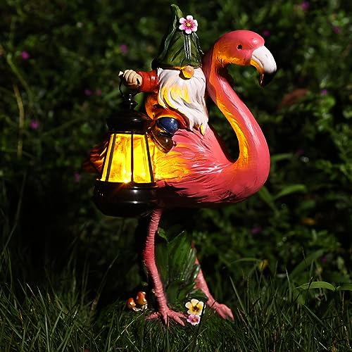 HIDNMSTAT Garden Funny Gnome Statues Collectible Figurines Flamingo Decorations Solar Lantern Outdoor Garden Home Decor for Patio Yard Lawn Porch Ornament Gnome Gifts (Flamingo)