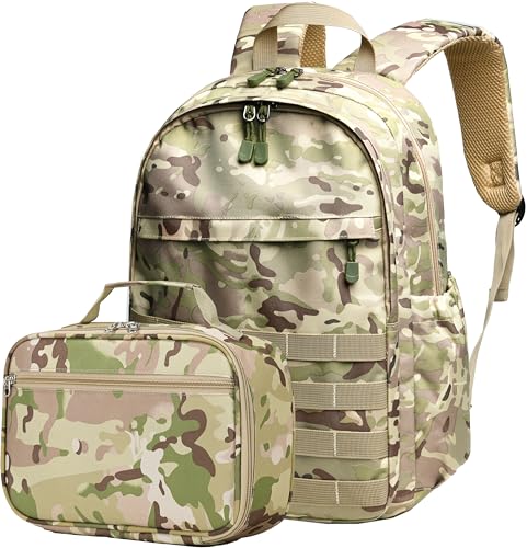 Wraifa Boys Backpack With Lunch Box Waterproof Kids School Bag Outdoor Travel Camping Daypack Camo Backpack for Boys Rucksack (Amy Green With Lunch Box, Large)