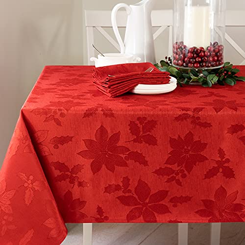 Benson Mills Poinsettia Legacy Damask Fabric Table Cloth, Holiday, Winter, and Christmas Tablecloth (Red, 60' X 102' Rectangular)