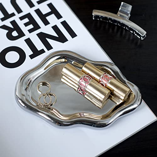 MDFAYE Jewelry Dish Trinket Tray for Women, Ring Dish Holder, Unique Cloud Shape Ceramic Plate Cute Things Vanity Aesthetic Room Decor Mother's Day Birthday Christmas Warm House Gifts (Silver)