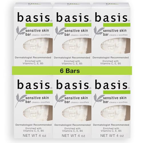 Basis Sensitive Skin Bar Soap - Cleans and Soothes with Chamomile and Aloe Vera, Use as Body Wash or Hand Soap - Pack of 6