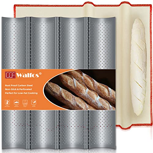 Walfos Non-stick Perforated French Baguette Bread Pan with Professional Proofing Cloth, 15'X 13' French Bread Baking Pan, 4 Wave Loaves Loaf Bake Mold Toast Perforated Bakers Molding