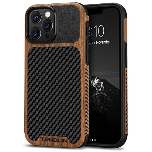 TENDLIN Compatible with iPhone 13 Pro Case Wood Grain with Carbon Fiber Texture Design Leather Hybrid Case Compatible for iPhone 13 Pro 6.1-inch Released in 2021 Black