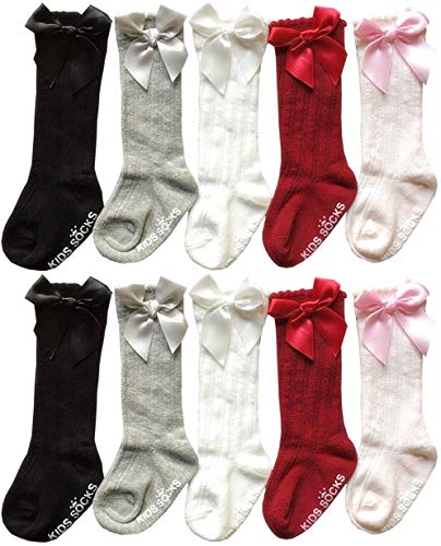 QandSweet Baby Girl Knee-High Socks Toddlers Bow Stockings Newborn Infant Non-Slip Sock (1-3 Years, A Non-skid 5 Pairs)