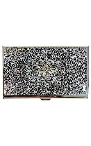 Mother of Pearl Business Card Case Credit Id Name Holder Travel Wallet Art Painting Design Metal Stainless Steel Engraved Slim Purse Pocket Cash Money Wallet (Diamond Arabesque)