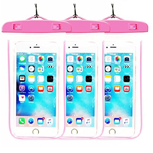 CaseHQ 3Pack Pink Waterproof Case, Clear Universal Waterproof Case, Dry Bag, Pouch, Transparent Snowproof Dirtproof for iPhone 6 6S Plus SE 5S 5C, Samsung Galaxy S7 S6 Edge, Note 5 4 3 2