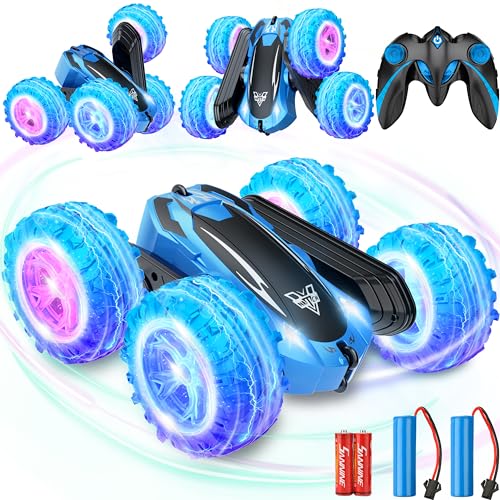 KKONES Remote Control car,2.4GHz Electric Race Stunt Car,Double Sided 360° Rolling Rotating Rotation, LED Headlights RC 4WD High Speed Off Road for 3 4 5 6 7 8-12 Year Old Boy Toys (Blue)