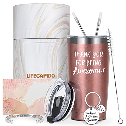 Lifecapido Thank You Gifts for Women, Thank You For Being Awesome Travel Tumbler, Thank You Gift Set for Women Friends Coworkers Teachers, Great for Christmas Thanksgiving Birthday (20oz, Rose Gold)