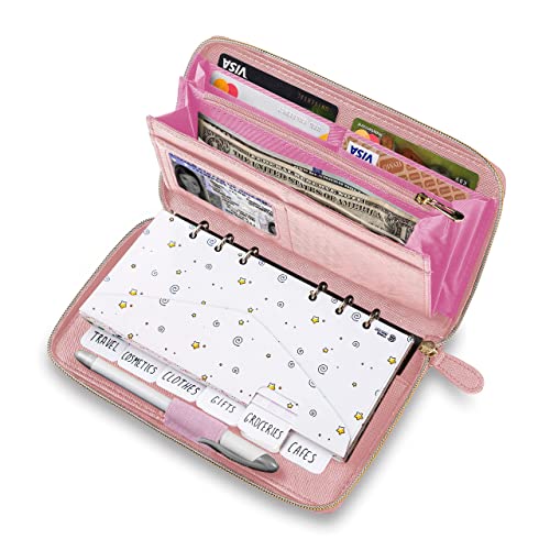 Cash Envelope Wallet Pink All in One Budget System with 12x Tabbed Cash Envelopes, 12x Monthly Budget Cards,1x Yearly budget planner sheet Complete Money Organizer Set for Cash RFID Protection