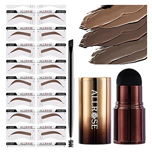 ALLROSE Eyebrow Stamp Stencil Kit - Brow Stamp Kit, One Step Eyebrow Stamp and Shaping Kit, 20 Brow Stencils and Stamp Kit, Waterproof Eye Brow Stamping Kit, Easy to Use Eyebrow Kit, Light Brown