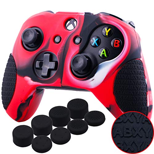 YoRHa Thickened Rubber Silicone Cover Skin Case 3D Letters Massage Grip for Xbox One S/X Controller x 1(Camouflage Red) with PRO Thumb Grips x 8