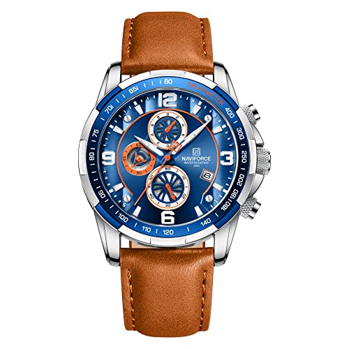 NAVIFORCE Mens Watches Quartz Movement Chronograph Leather Strap Fashion Business Sport Design 30M Waterproof Scratch Resistant Elegant Gifts for Men (Blue)