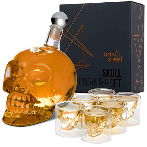 Oak & Steel 25oz/ 700ml Skull Decanter Set with Glasses (6 Unique Skull Glasses) - Skull Bottle Decanters for Alcohol, Whiskey Decanter Sets for Men, Tequila Decanter, Vodka Decanter with Giftbox