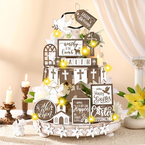 Ziliny 35 Pcs Easter Tiered Tray Decor He is Risen Tiered Tray Decorations Set with LED String Lights Wooden Decorative Trays Farmhouse Rustic Tiered Tray for Home Farmhouse Kitchen Decorations