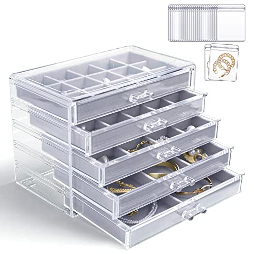 KAMIER Acrylic Jewelry Organizer,5 Layers Clear Acrylic Jewelry Box for Women,20 Pcs Portable Clear Jewelry Bag Set,Velvet Earring Display Holder for Earrings Ring Bracelet Necklace,Gray