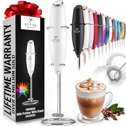 Zulay Kitchen Powerful Milk Frother Wand - Ultra Fast Handheld Drink Mixer - Electric Whisk Foam Maker for Coffee, Lattes, Cappuccino, Frappe, Matcha & Coffee Creamer - Milk Boss White