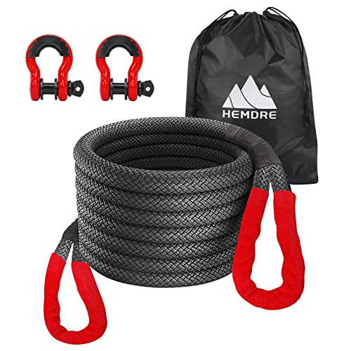 HEMDRE 1' x 30' Kinetic Recovery Rope (48,000lbs) with 2 D Ring Shackles, Kinetic Tow Rope for Truck Heavy Duty, Off Road Recovery Rope Kit for 4WD Pick Up Truck SUV ATV UTV, Black