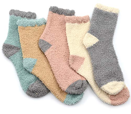 Azue Fuzzy Warm Slipper Socks Women Super Soft Microfiber Cozy Sleeping Socks 6 or 5 Pairs (5 Pairs Patchwork Pink)