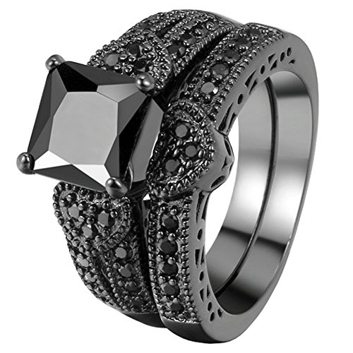 FENDINA Womens Vintage Luxurious Black Gold Plated Wedding Engagement Rings Nano Cubic Zirconia Anniversary Promise Rings Set, Size 7