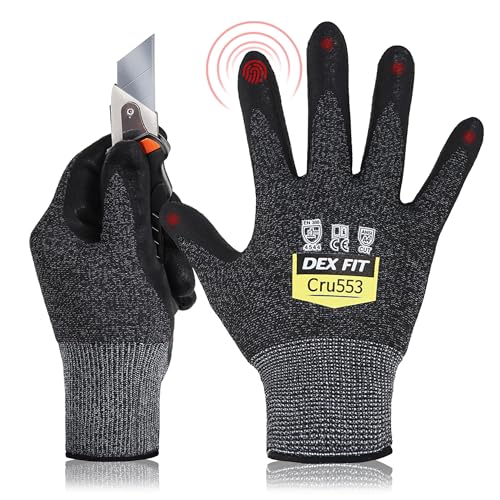 DEX FIT Level 5 Cut Resistant Gloves Cru553, 3D-Comfort Fit, Firm Grip, Thin & Lightweight, Touch-Screen Compatible, Durable, Breathable & Cool, Machine Washable; Black Grey S (7) 1 Pair