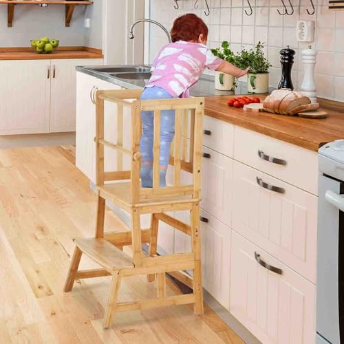 COSYLAND Kids Kitchen Step Stool，Toddler Standing Tower with CPC Certification, Removable Anti-Drop Railing Safety Rail Enjoys Unique Patented Design A Anti-tip Structure More Stable, Natural Bamboo