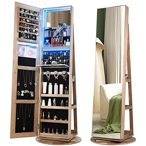 Vlsrka LED Light Jewelry Cabinet with Full Length Mirror 360° Swivel, Large Jewelry Organizer Armoire Lockable Free Standing Mirror with Jewelry Storage, Inside Makeup Mirror, Foldable Makeup Shelf