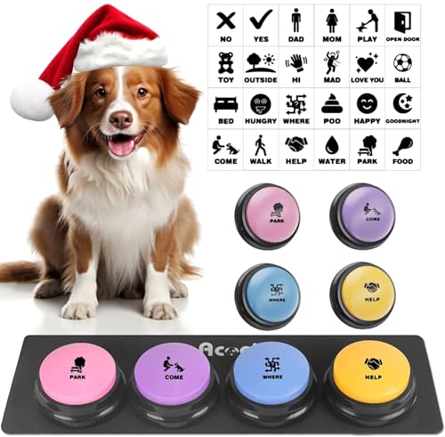 Dog Buttons for Communication, 4 Dog Talking Button Set, Speaking Buttons for Cats and Dogs, 30s Voice Recordable Pet Training Buzzer with Waterproof Dog Activity Mat and 24 Scene Stickers