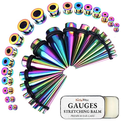 BodyJ4You 37PC Ear Stretching Kit - 14G-00G Beginner Gauges - Aftercare Balm Wax - Rainbow Steel Tapers Plugs Screw Fit Tunnels - Stretchers Expanders Eyelets