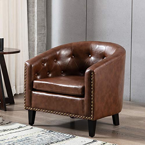 Merax Dark Brown Classic Upholstered Tufted Barrel Accent Chair PU Leather Rivet Club Armchair for Living Room Bedroom with Sturdy Legs, Set of 1